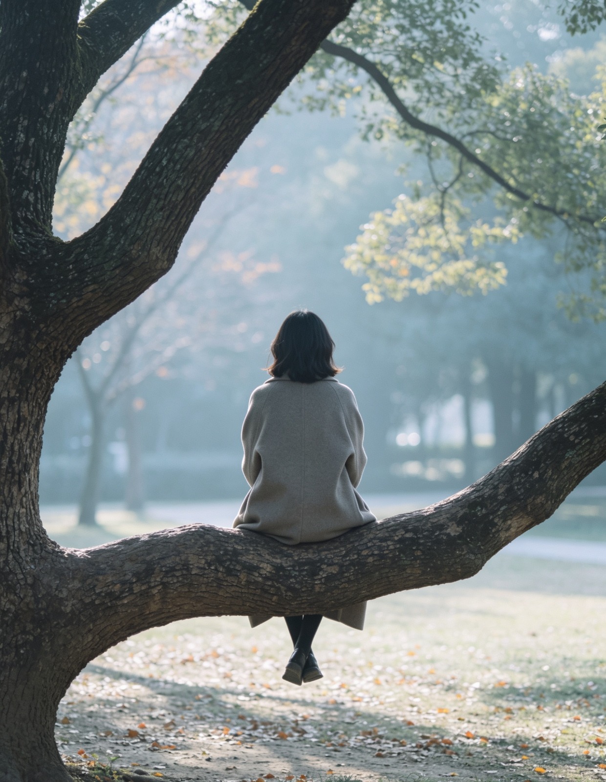 Woman sitting on a tree branch with her back to the camera