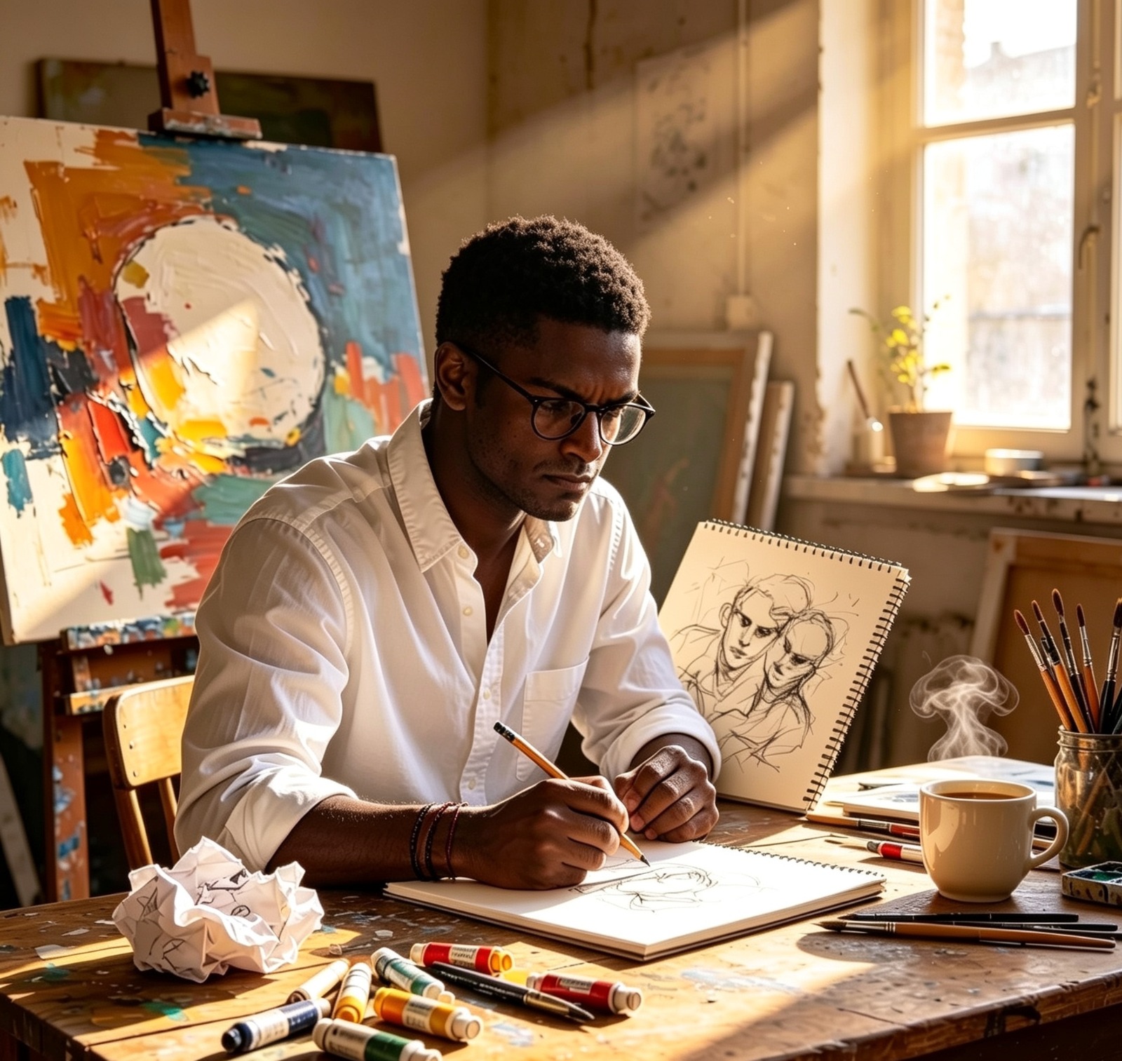 Man painting at a desk in a sunlit room