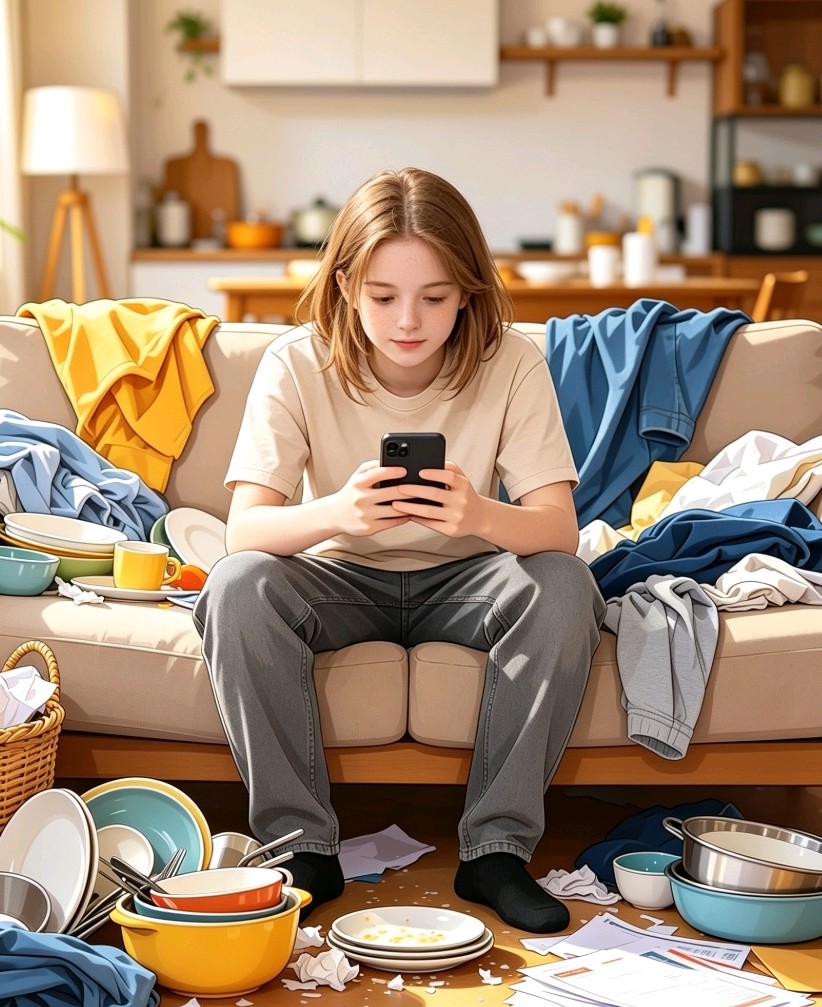 Person sitting on a sofa surrounded by remains of junk food